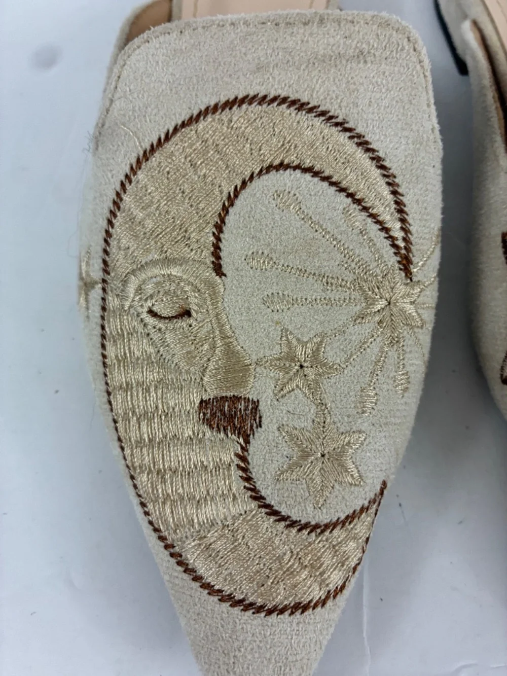 Sun Moon Embroidered Mules Suede Pointed Toe Slip On Flat Shoes Loafers Beige